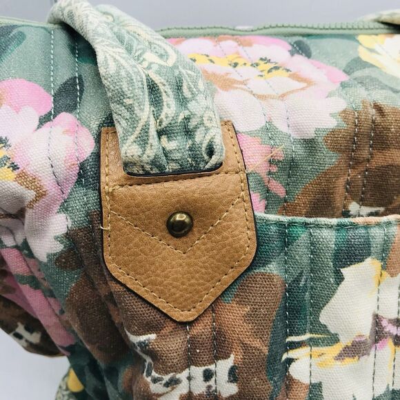 Pioneer Woman Aubrey Quilted Print Tote Floral Green Faded Denim w Zipper Large - Picture 9 of 15